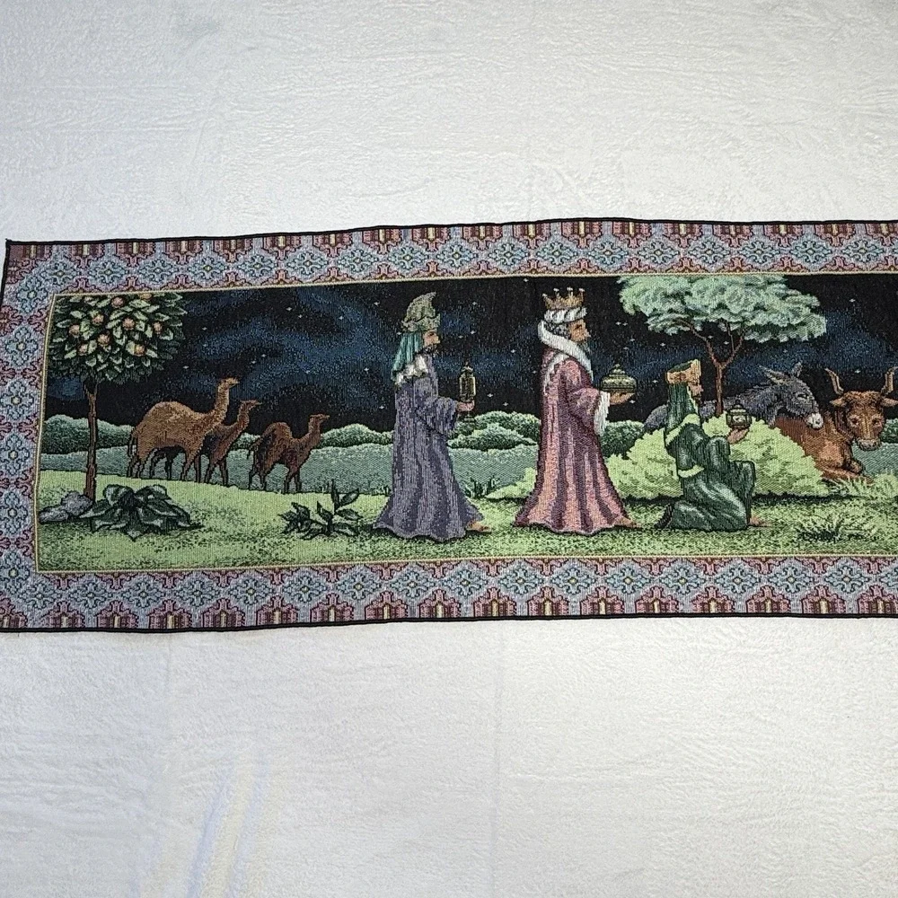 Vintage Christmas Nativity Table Runner 13x72 Woven Tapestry USA Manger Scene